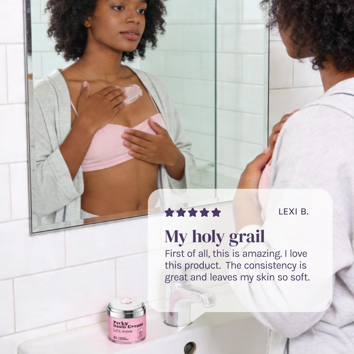 Divine Derriere on a bathroom shelf in lifestyle setting suggesting daily use