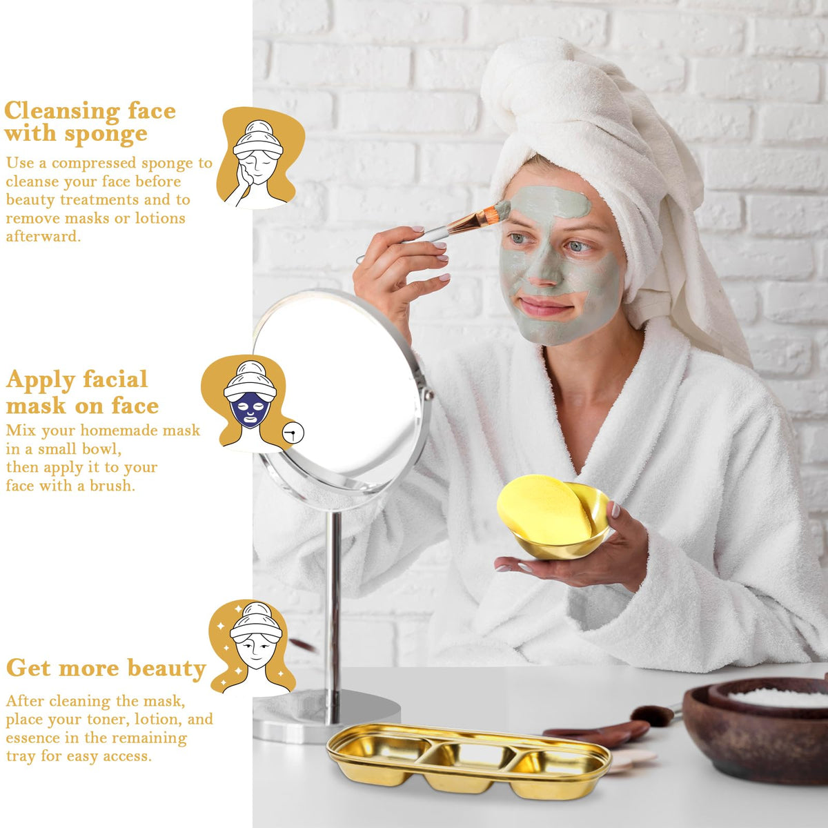 DLUGOPIS small gold serving tray holding brushes to keep tools tidy and accessible during treatments