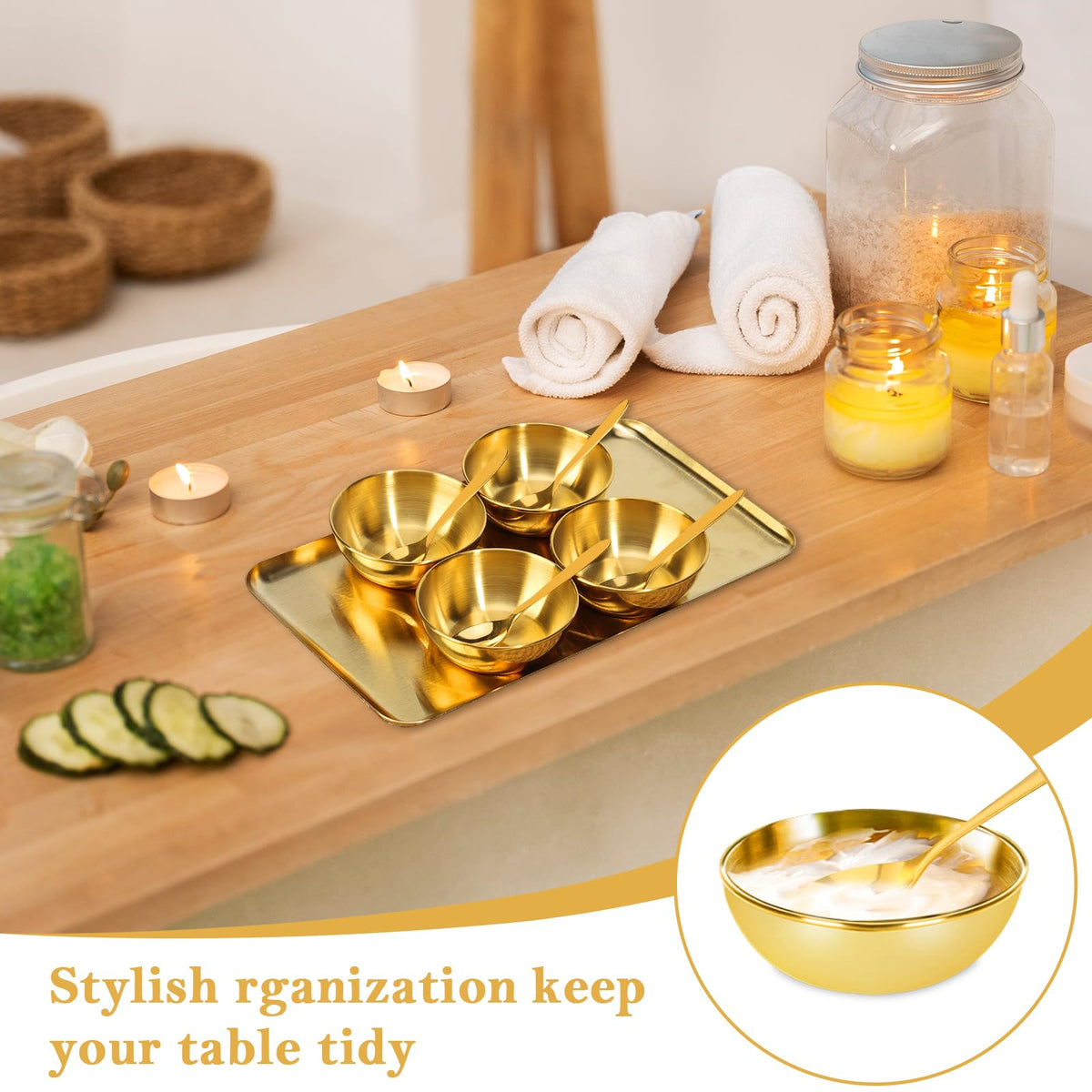 DLUGOPIS tray with bowls and spoons in bathroom setting demonstrating tidy storage