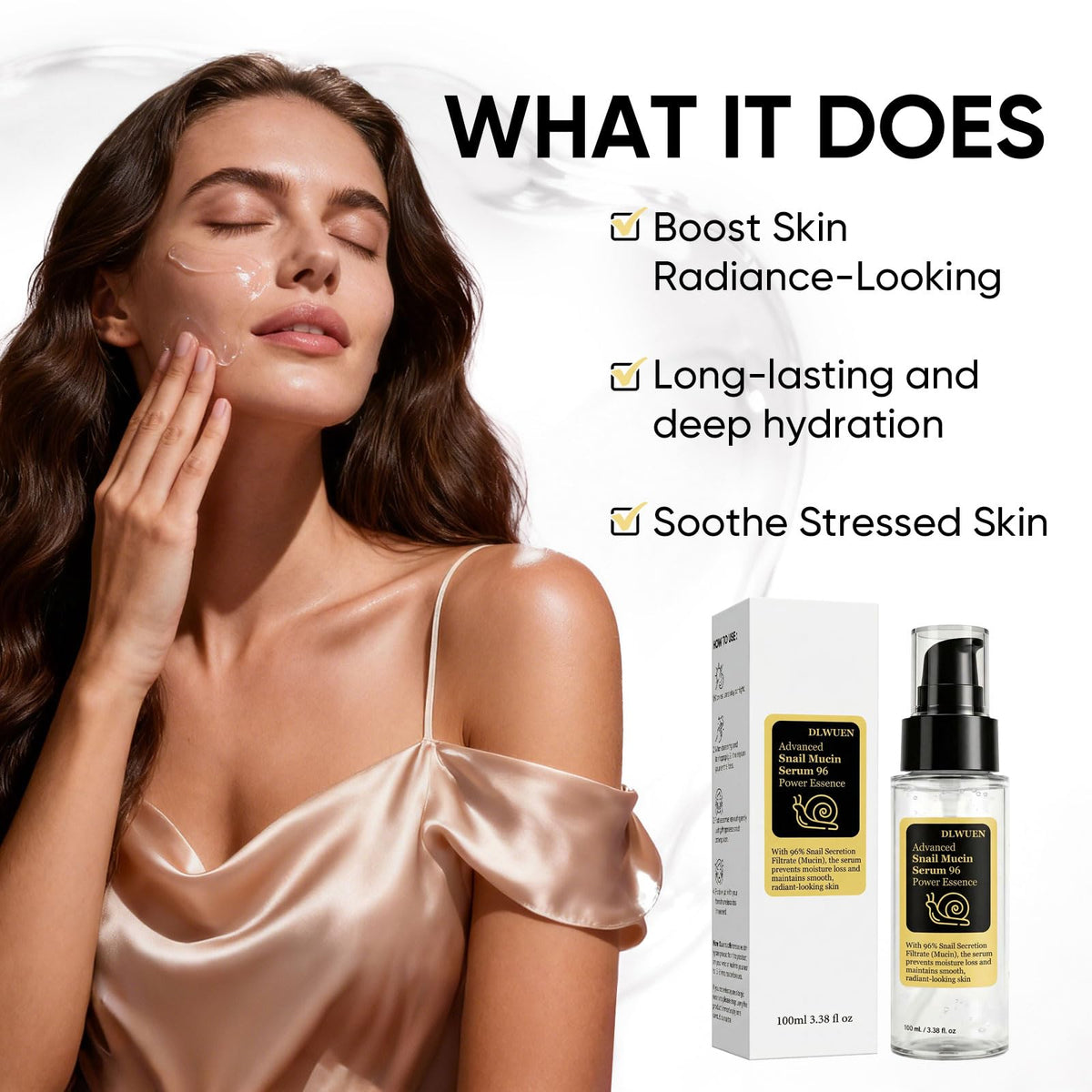 DLWUEN applying serum to cheek, shows smoothing and hydrating effect