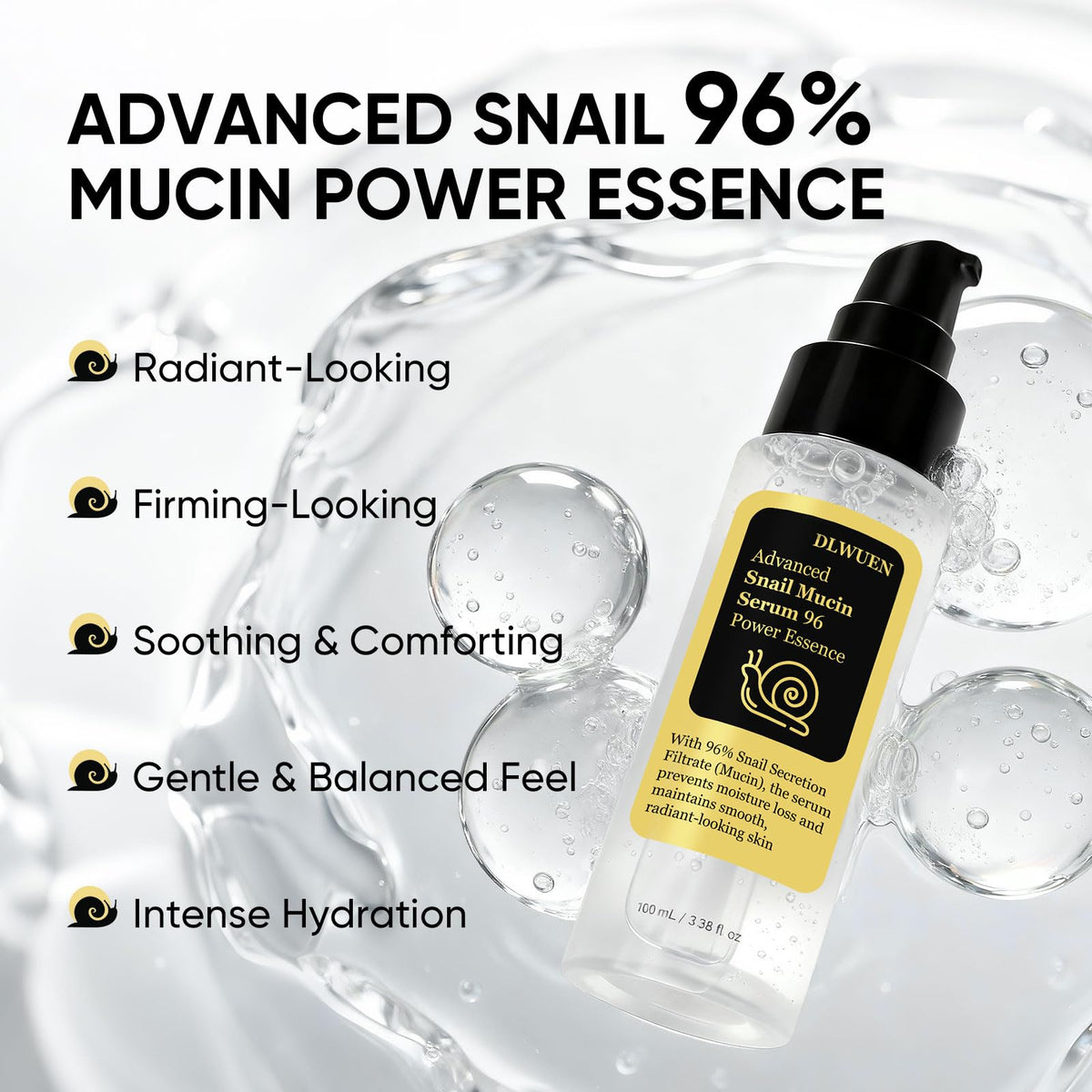 DLWUEN ingredient label detail, emphasizes 96.3% snail mucin concentration