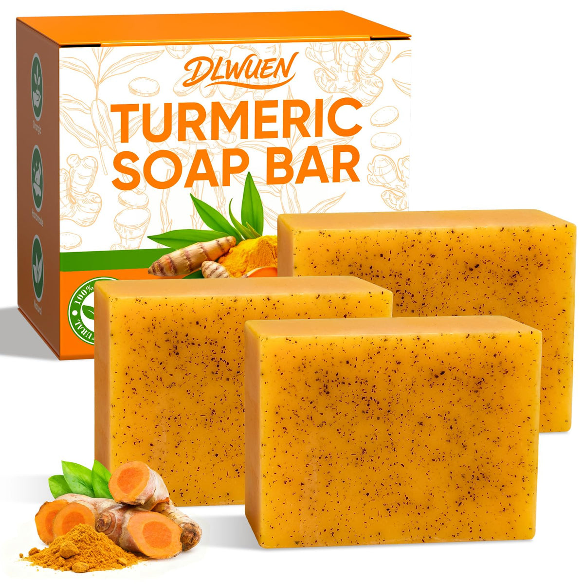 DLWUEN turmeric soap front packaging shows product and benefits