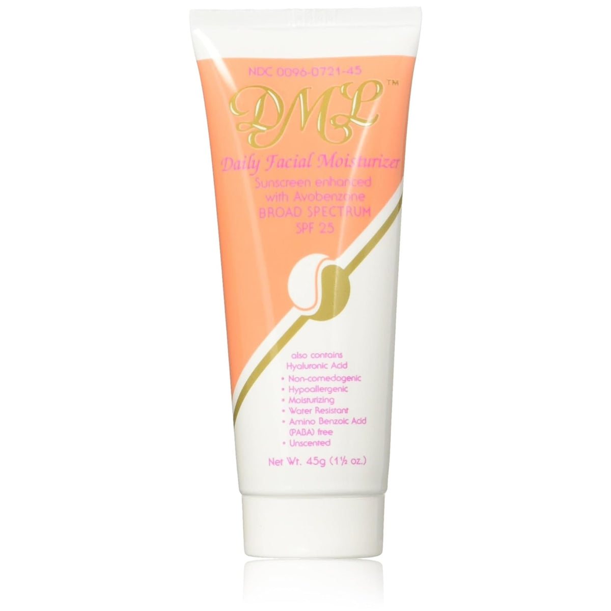 DML label close-up showing hyaluronic acid and unscented info