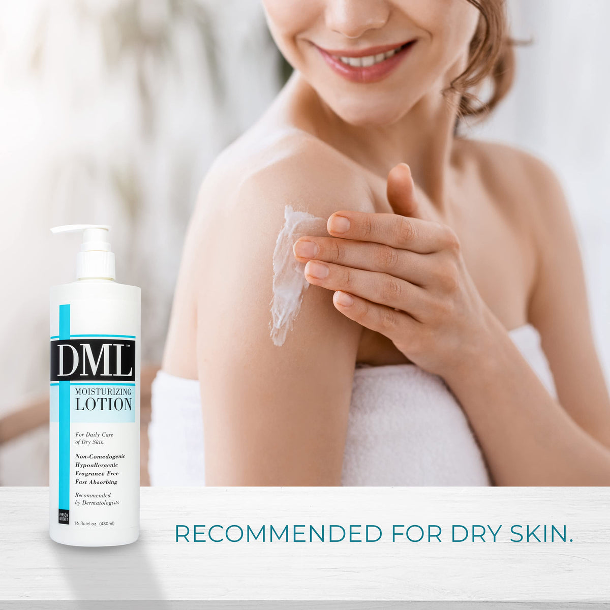 DML lotion on bathroom shelf in lifestyle setting conveying everyday use benefit