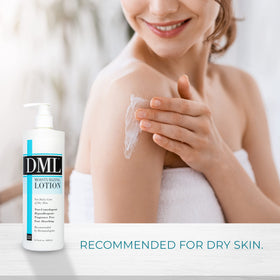 DML lotion on bathroom shelf in lifestyle setting conveying everyday use benefit