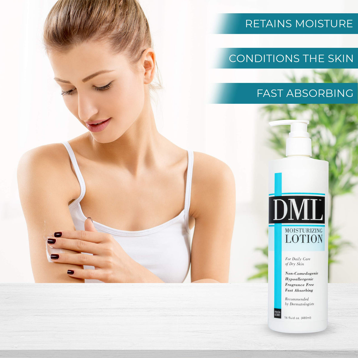 DML bottle beside a hand for scale showing the generous 16 oz supply