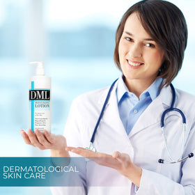 DML lotion poured on palm showing creamy consistency and moisturizing effect