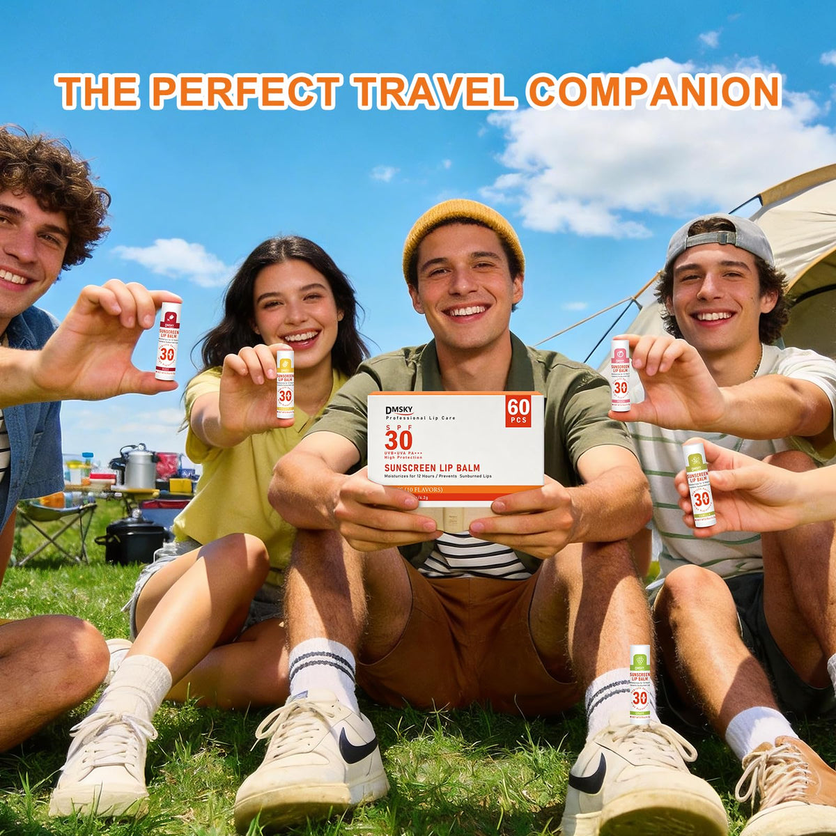 DMSKY lip balms in beach bag lifestyle scene for outdoor protection
