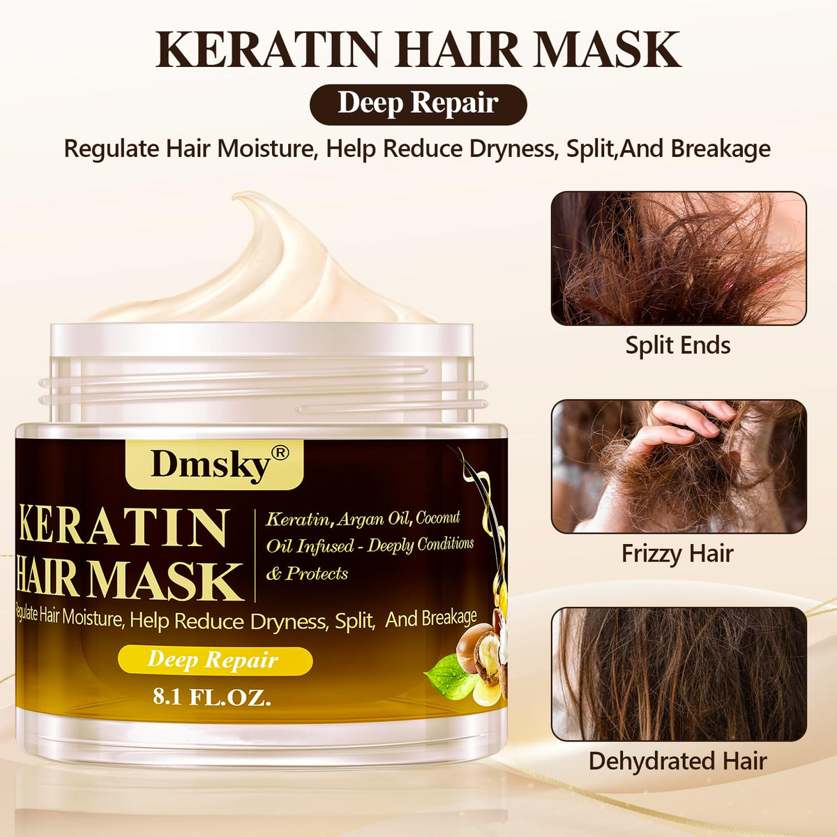 Dmsky before and after hair ends showing reduced split ends and shine