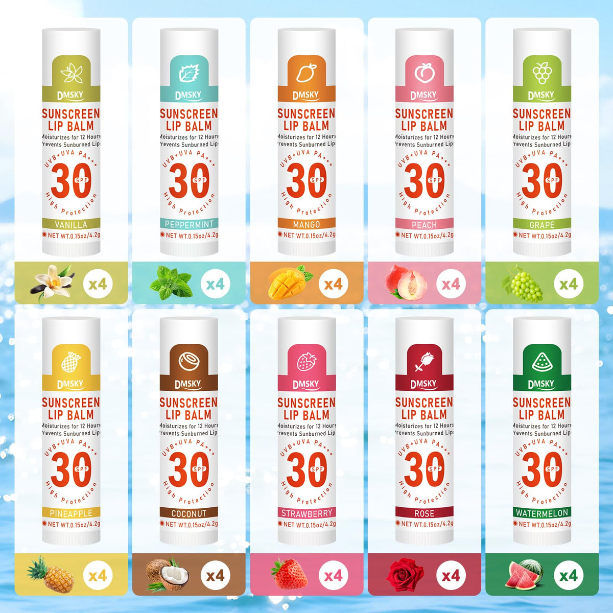 Dmsky top-down shot of ten flavored lip balm tubes arranged to show color and scent choices