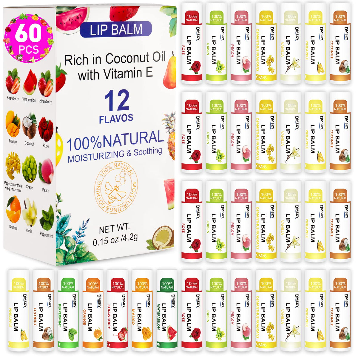 DMSKY front packaging showing 60-count bulk set and flavor variety