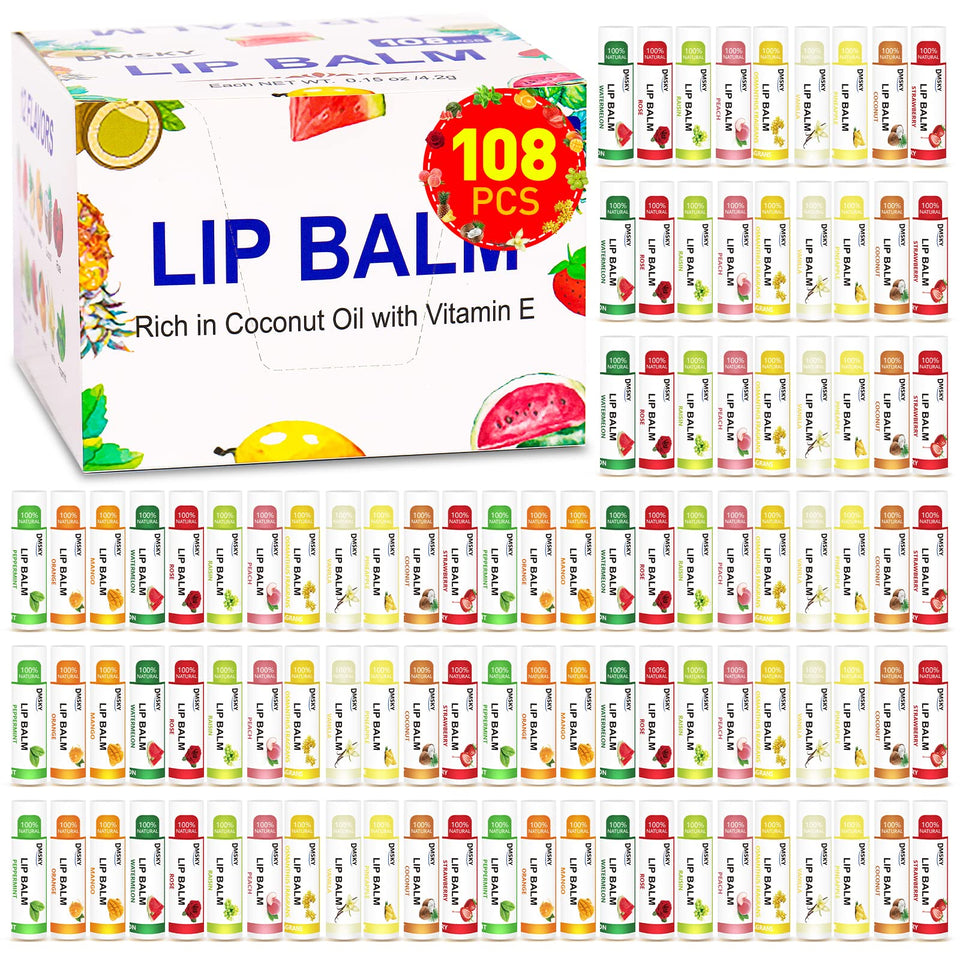 DMSKY front packaging showing 108-count bulk lip balm set benefits
