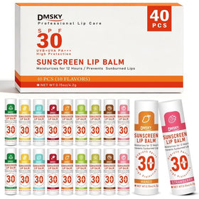 Dmsky front packaging showing 40-count protective lip balms and flavor variety