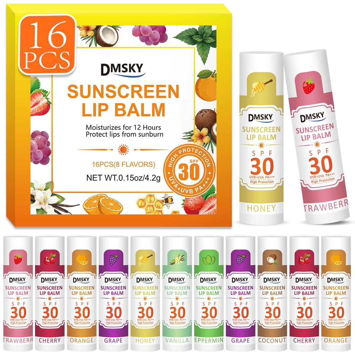 Dmsky front packaging showing 16 tubes and clear SPF protection