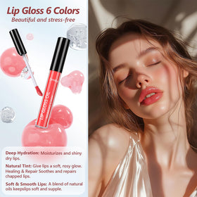 Dmsky model applying gloss, showing instant shine and hydrated look benefit