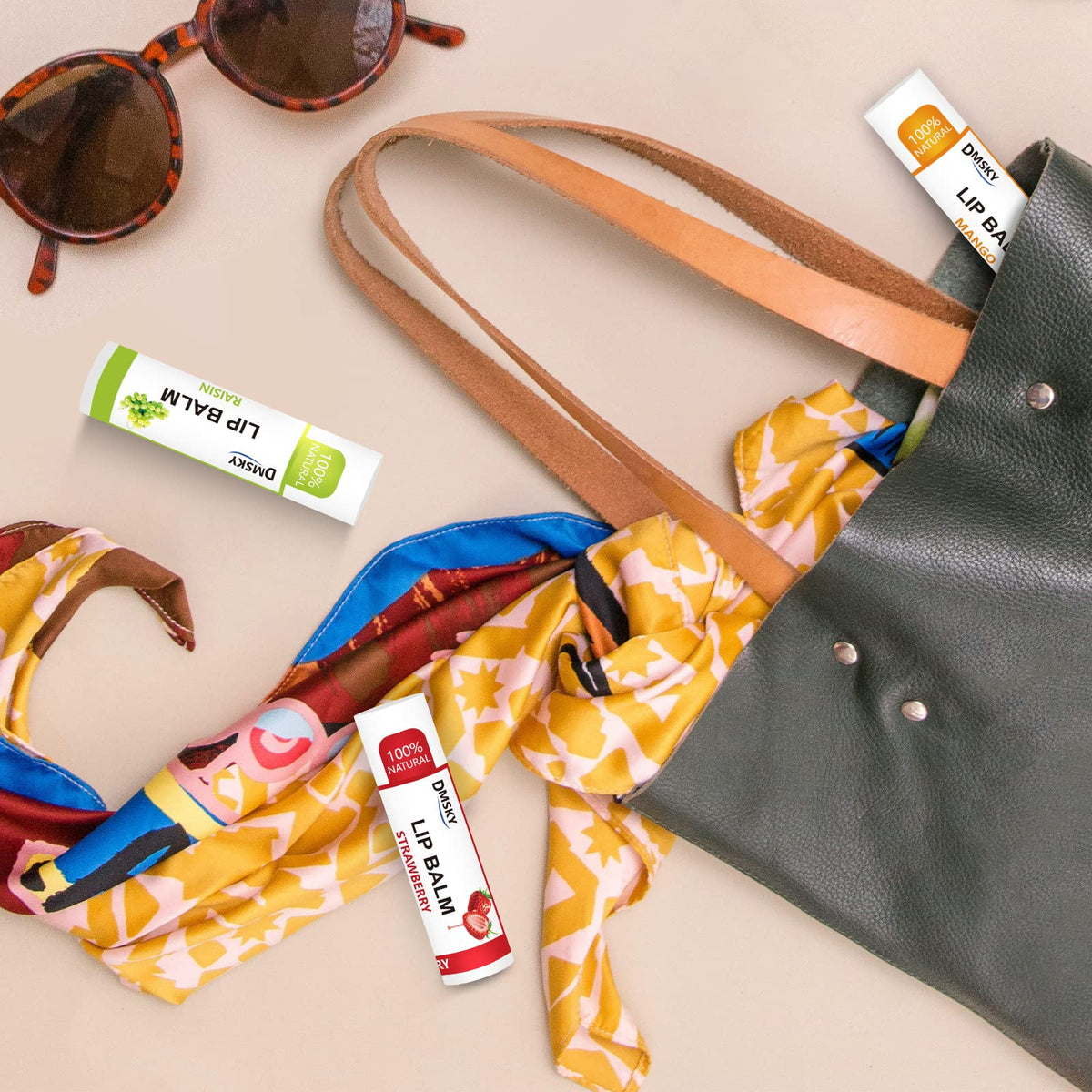 DMSKY lip balm in a purse showing convenience for daily use