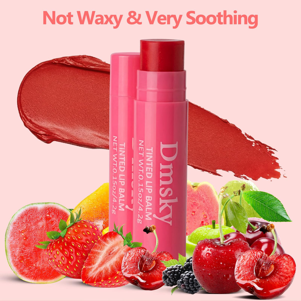 Dmsky lip application closeup displaying natural color and moisture benefit