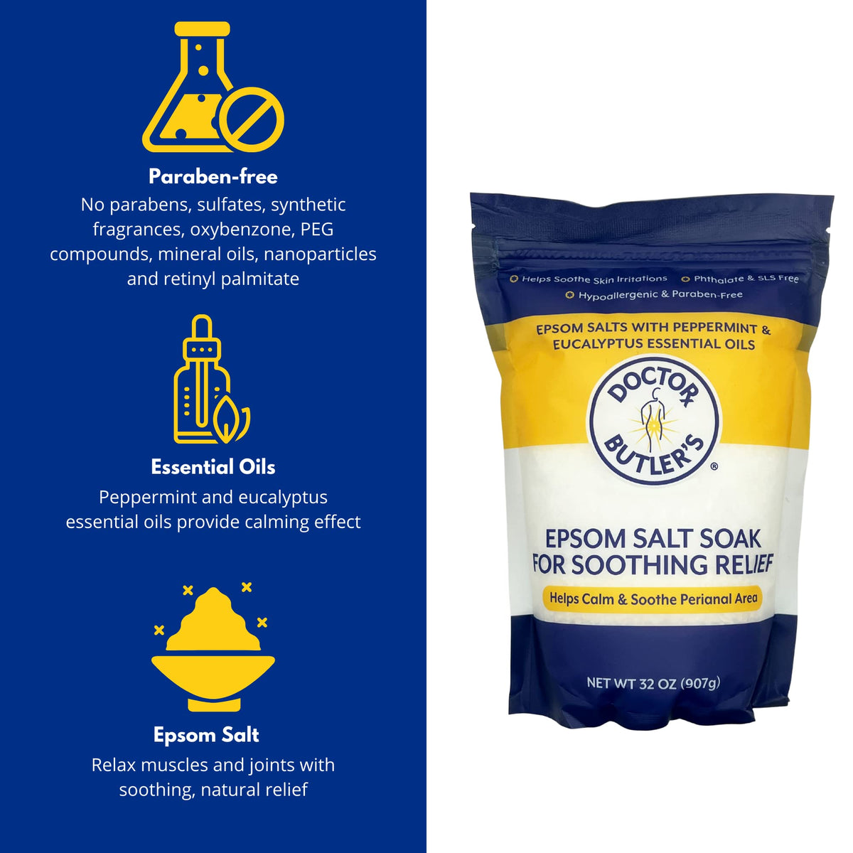 Doctor Butler's close-up Epsom salt texture highlighting purity and easy dissolution