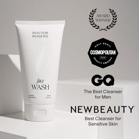 Doctor Rogers face wash in use at a washbasin illustrating gentle cleansing routine