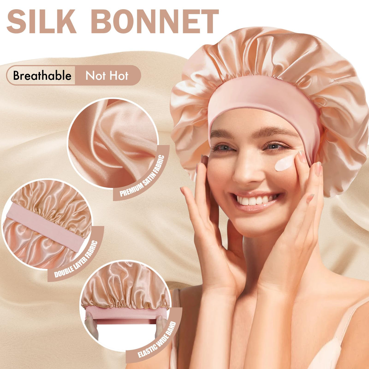 Doitory bonnet worn by model with curly hair preserving curls overnight benefit