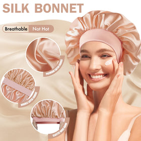 Doitory bonnet worn by model with curly hair preserving curls overnight benefit