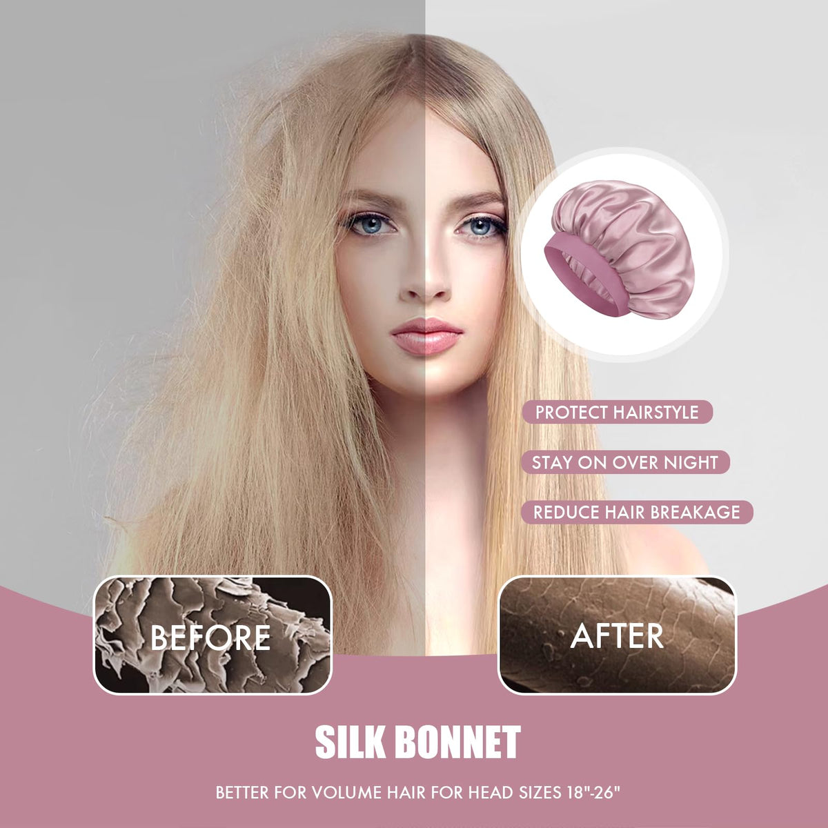 Doitory bonnet worn by model with curly hair reducing frizz