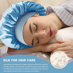Doitory bonnet on model sleeping peacefully demonstrating overnight hair protection and reduced frizz