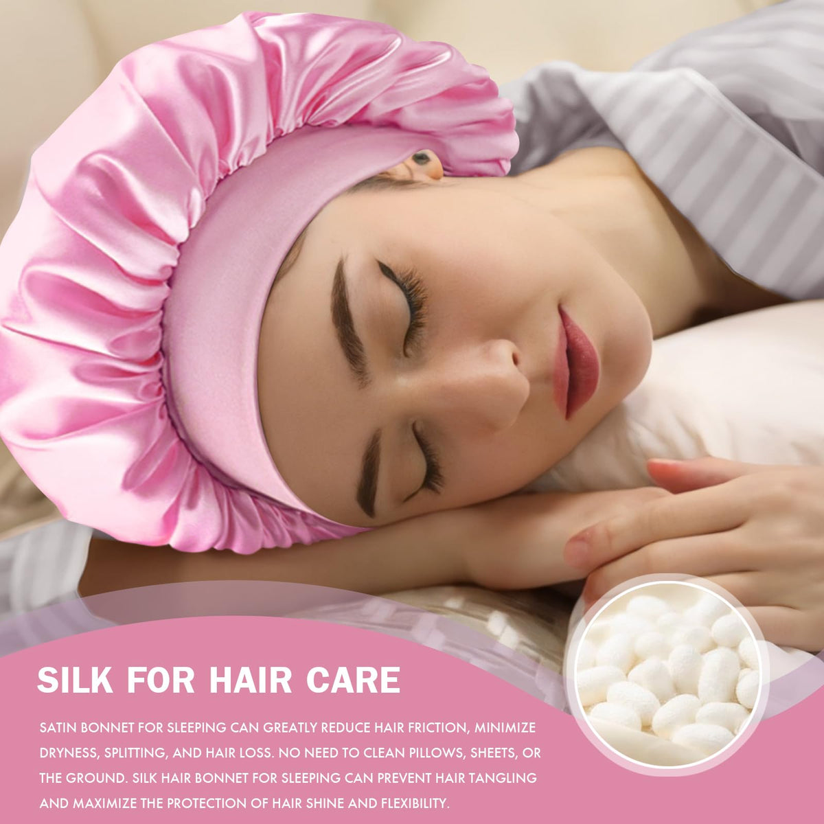Doitory model wearing bonnet side profile demonstrating full coverage for hairstyles