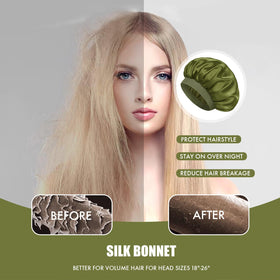 Doitory bonnet worn by model in bed protecting curly hair overnight