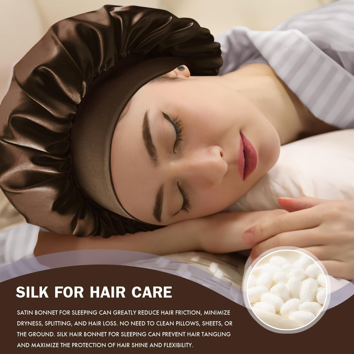Doitory bonnet on model with curly hair keeps curls intact and reduces frizz