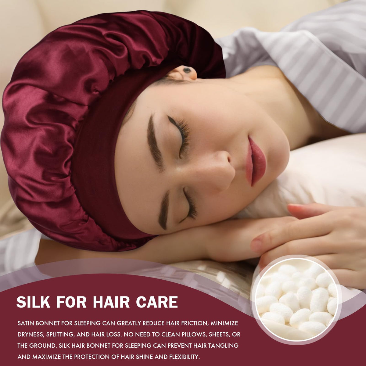 Doitory bonnet on model sleeping demonstrating comfortable fit and reduced morning frizz