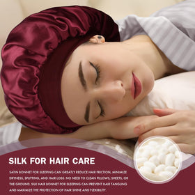 Doitory bonnet on model sleeping demonstrating comfortable fit and reduced morning frizz