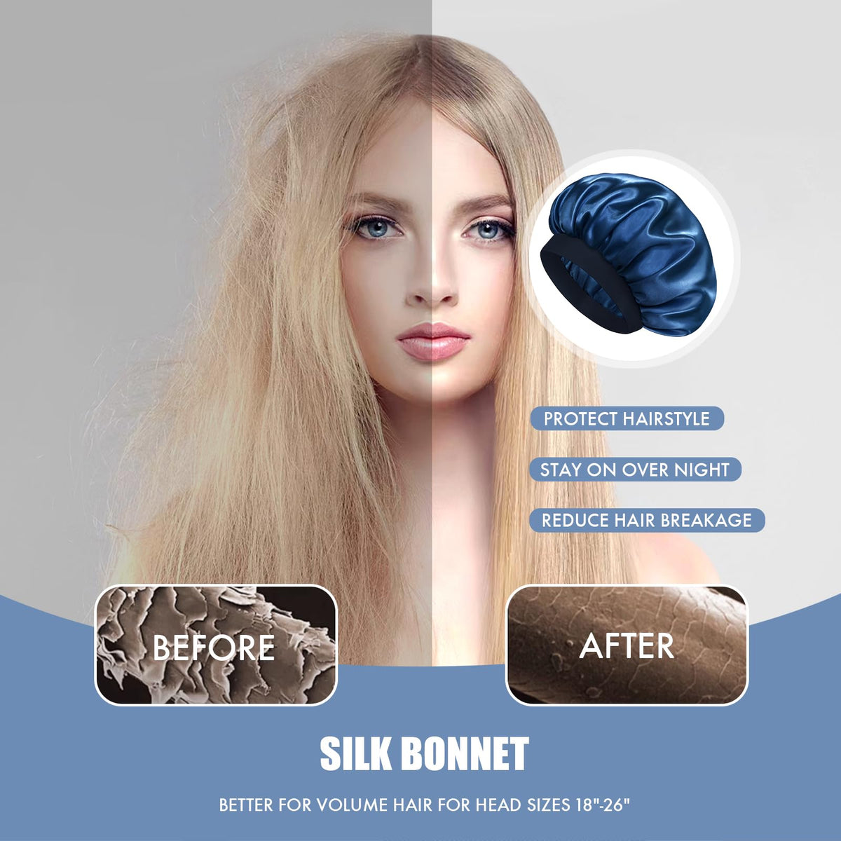 Doitory bonnet on pillow showing size scale and protection for sheets