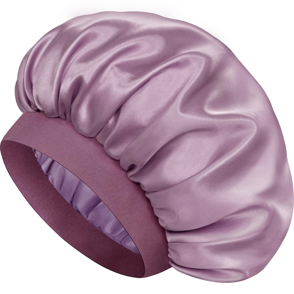 Doitory front view of dark purple bonnet showing full shape and coverage benefit