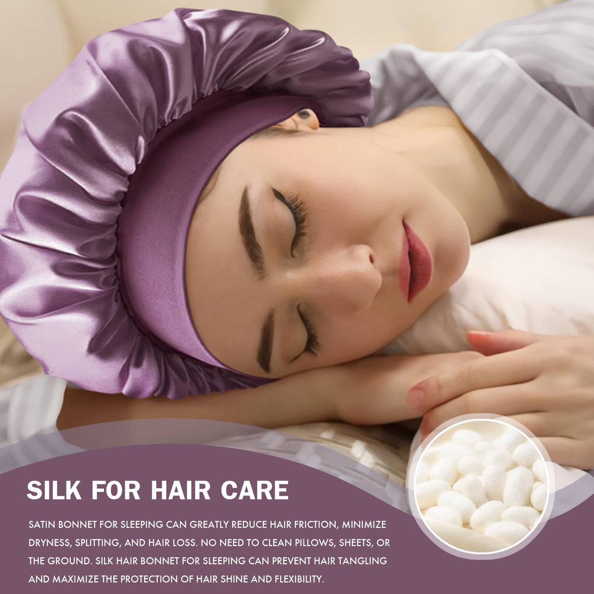 Doitory bonnet worn by model sleeping demonstrating secure fit and overnight protection
