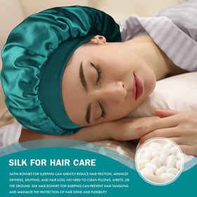 Doitory bonnet worn by model demonstrating stay-put protection overnight