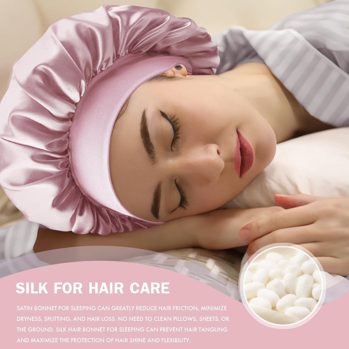Doitory model sleeping wearing the bonnet demonstrating overnight hair protection