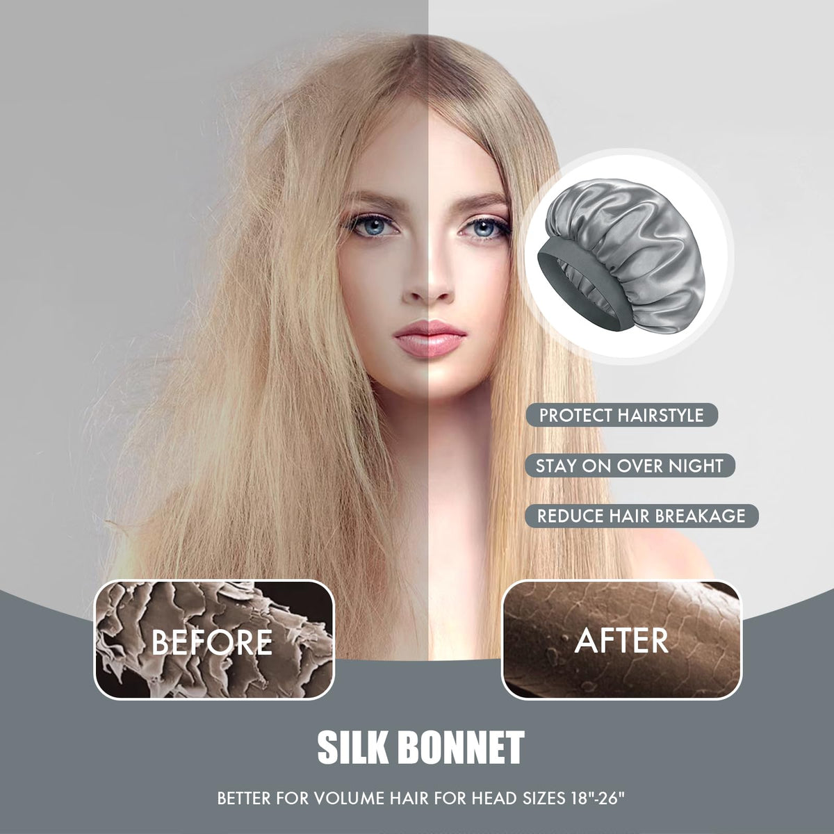 Doitory female model wearing bonnet displaying coverage for long curly hair