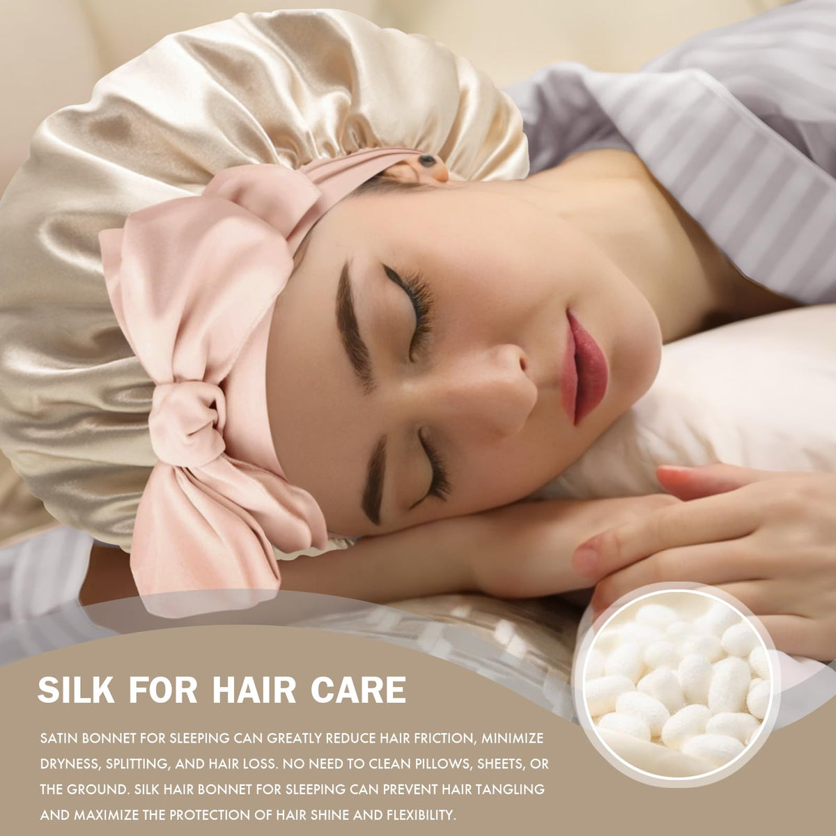 Doitory model sleeping with bonnet to prevent frizz and breakage