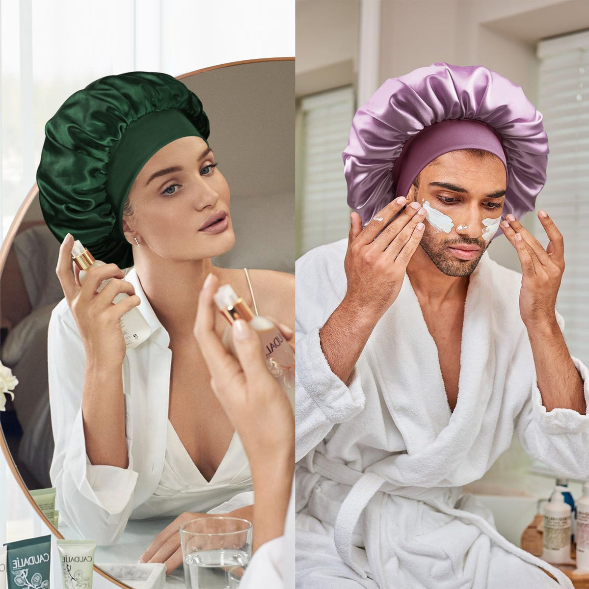 Doitory bonnet on bedside setting suggesting nightly hair-care convenience
