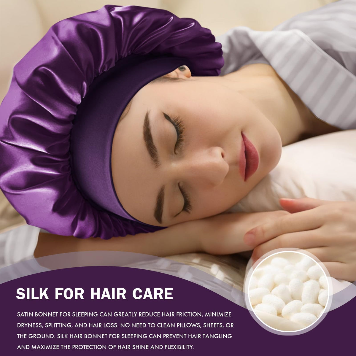 Doitory model sleeping with bonnet demonstrating secure overnight fit