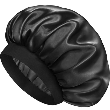 Doitory bonnet front view showing sleek black satin and secure fit benefit