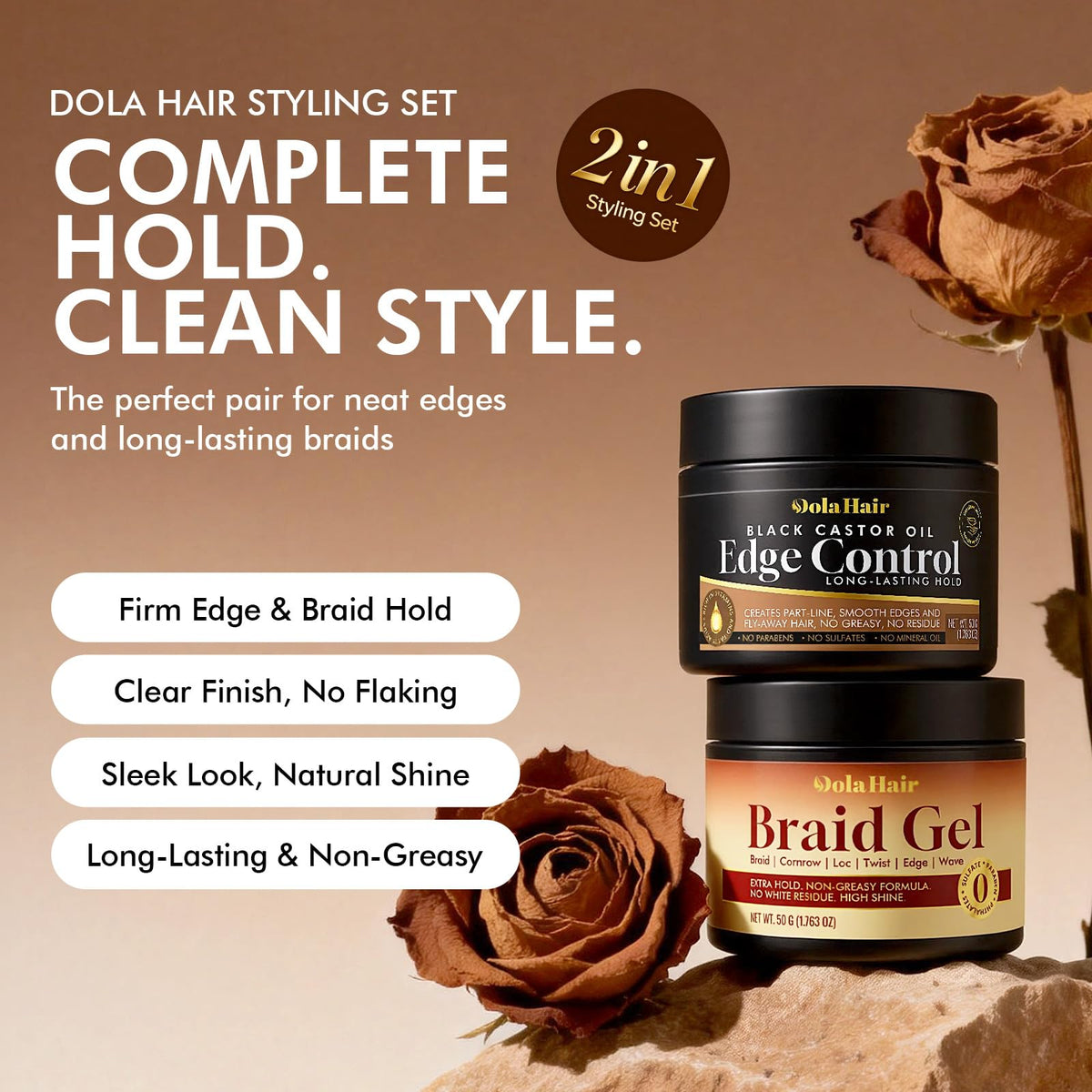 Dolahair edge control closeup label emphasizing firm, long-lasting hold