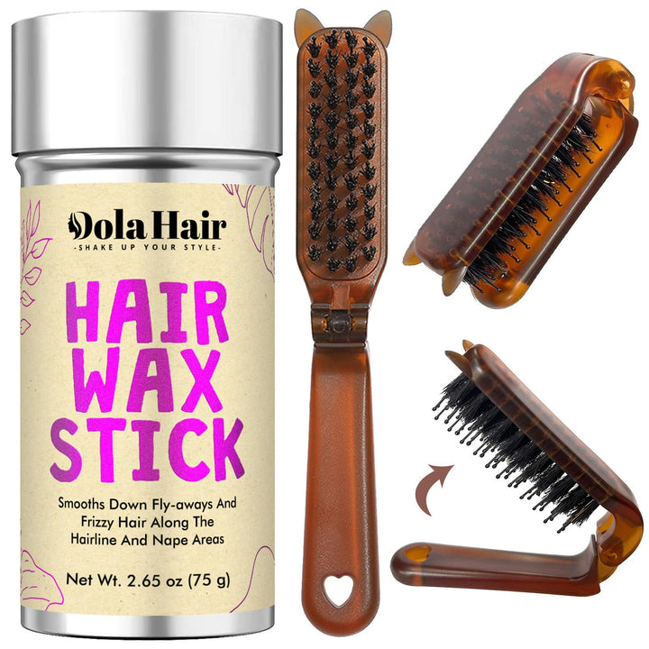 Dolahair front packaging showing compact travel wax stick and brush for neat styling