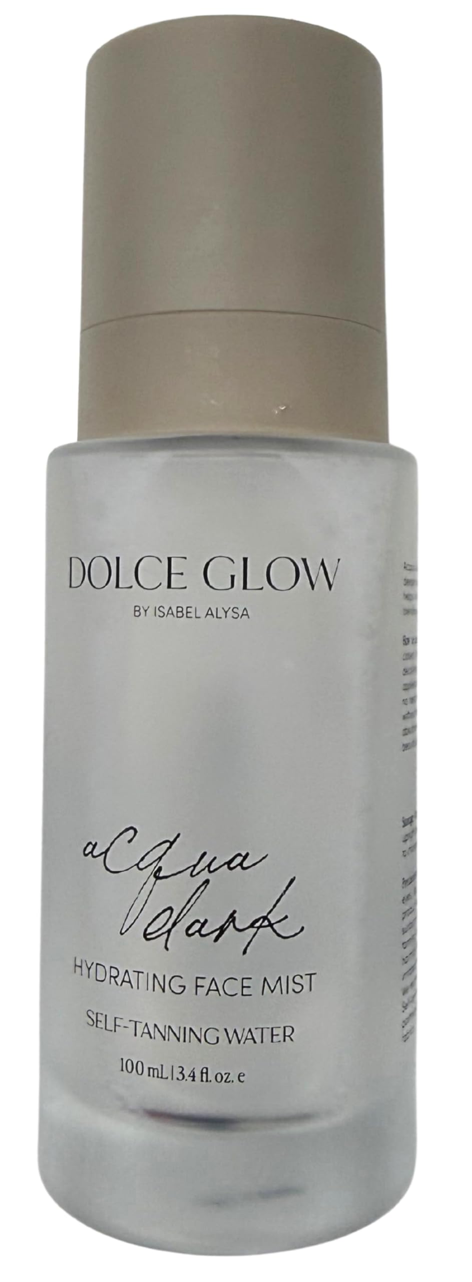Dolce Glow ingredient label close-up highlighting skin-loving botanicals benefit