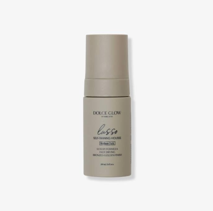 Dolce Glow travel mousse front packaging shows product and travel-friendly size