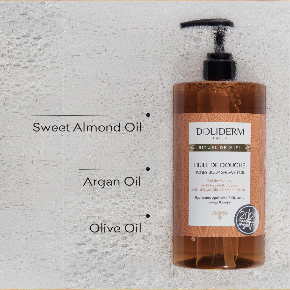 Doliderm shower oil texture droplet showing silky emulsion for hydration