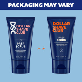 Dollar Shave Club Prep Scrub on bathroom counter staged for pre-shave routine effectiveness