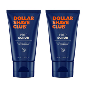 Dollar Shave Club Prep Scrub front packaging showing twin 3 oz tubes benefits clearer shave