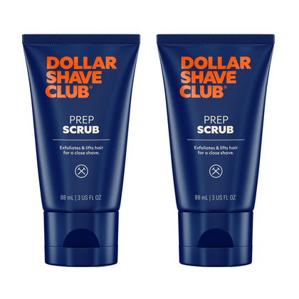 Dollar Shave Club Prep Scrub front packaging showing twin 3 oz tubes benefits clearer shave